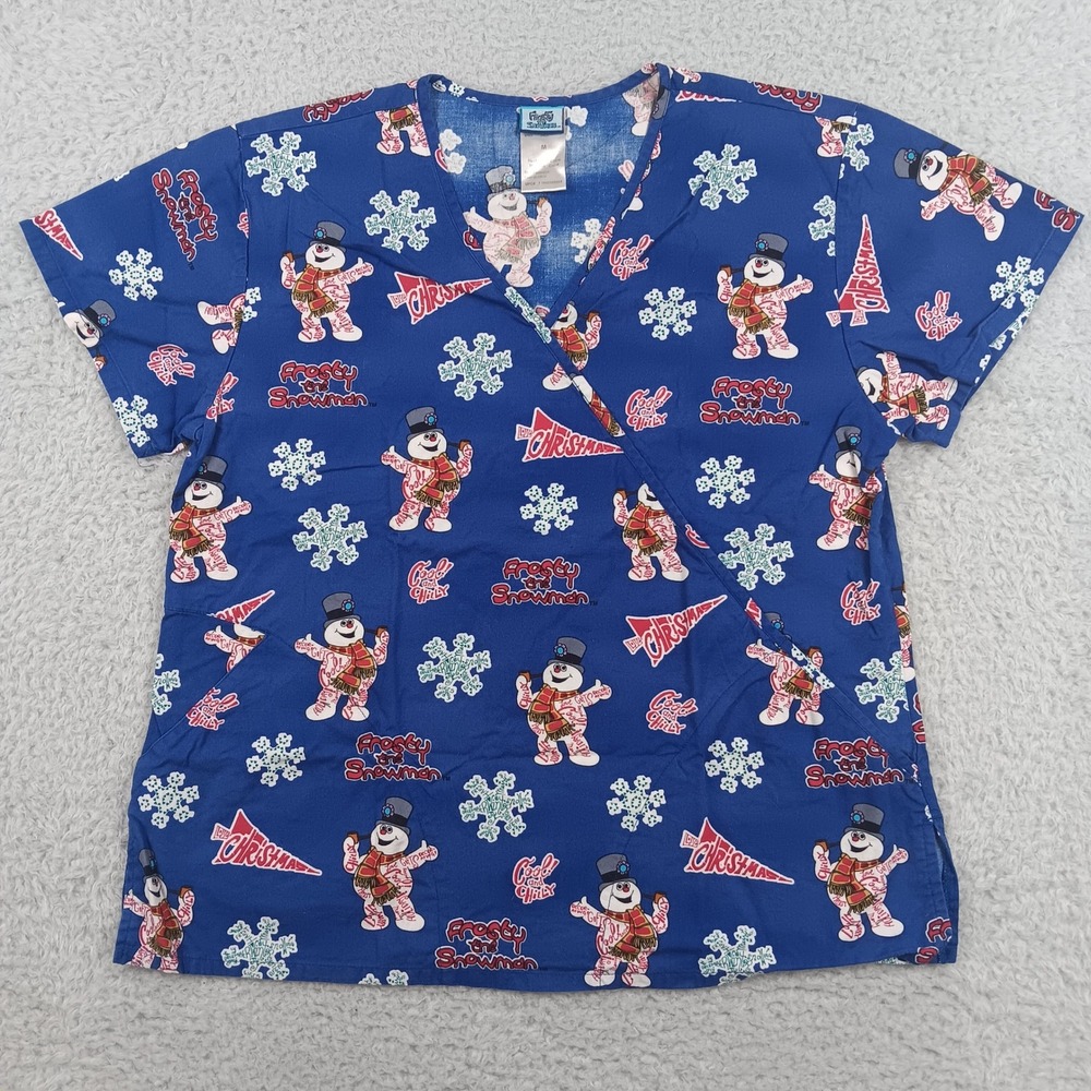 Frosty the Snowman Scrub Top Mock Wrap Women M Blue Christmas Snowflakes Cotton
